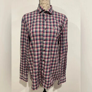 Johnnie-O Hangin Out Long Sleeve Button Shirt Red Gray Plaid Cotton size Large